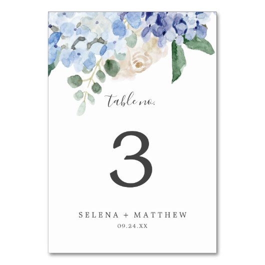 Elegant Blue Hydrangea | Weiße Tischnummer (Rückseite)