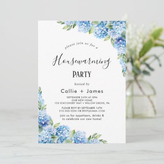 Elegant Blue Hydrangea | Weißes Haus Einladung (Stehend Vorderseite)