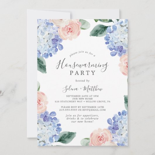Elegant Blue Hydrangea | Weißes Party Einladung (Vorderseite)