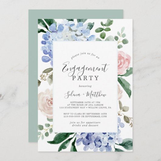 Elegant Blue Hydrangea | White Engagement Party Einladung (Vorne/Hinten)
