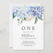 Elegant Blue Hydrangea White First Birthday Party Einladung (Vorderseite)