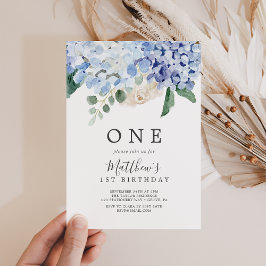 Elegant Blue Hydrangea White First Birthday Party Einladung