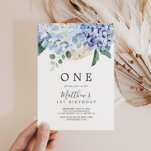 Elegant Blue Hydrangea White First Birthday Party Einladung
