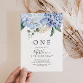 Elegant Blue Hydrangea White First Birthday Party Einladung
