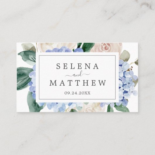 Elegant Blue Hydrangea | White Flat Wedding Platzkarte (Rückseite)