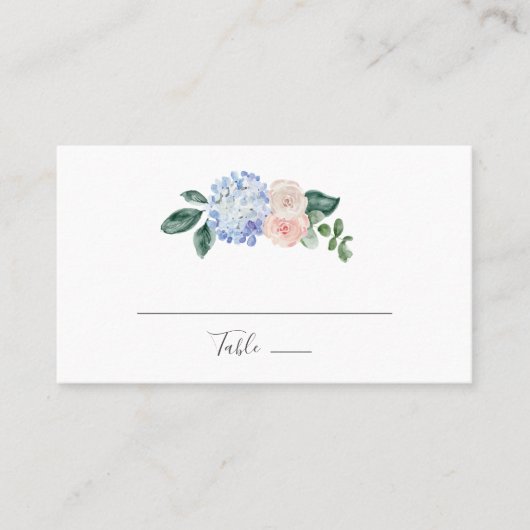 Elegant Blue Hydrangea | White Flat Wedding Platzkarte (Vorderseite)