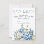 Elegant Blue Hydrangea White Florals Foto Hochzeit Save The Date (Vorderseite)