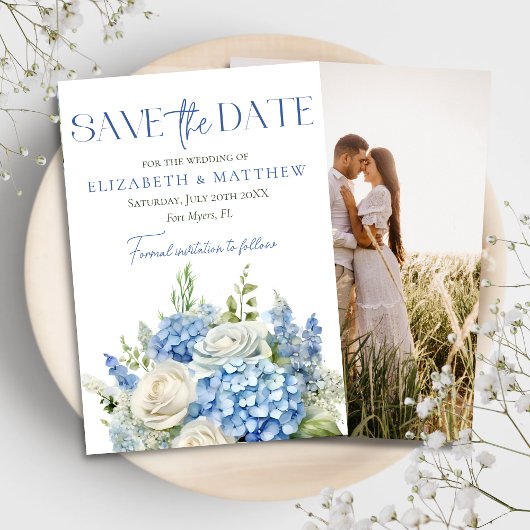 Elegant Blue Hydrangea White Florals Foto Hochzeit Save The Date