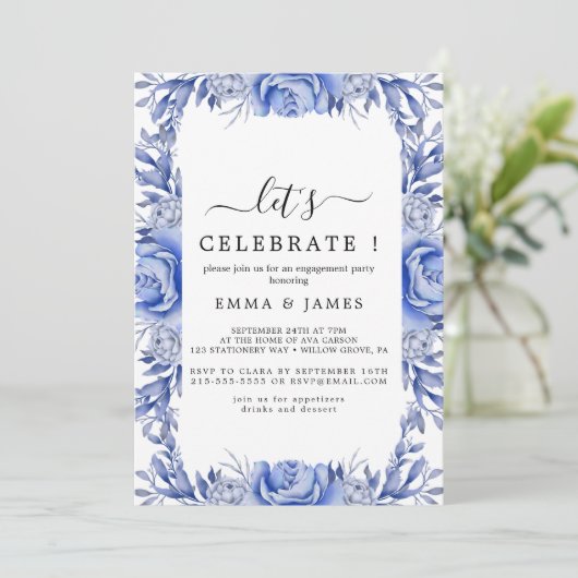 Elegant Blue Hydrangea | White "Let's Celebrate" I Einladung (Stehend Vorderseite)