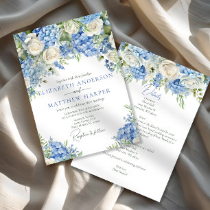 Elegant Blue Hydrangea White Roses Floral Wedding Einladung