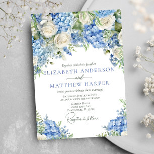 Elegant Blue Hydrangea White Roses Floral Wedding Einladung