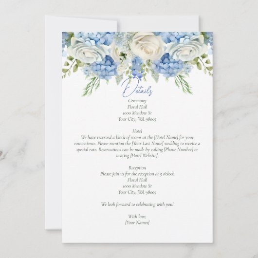 Elegant Blue Hydrangea White Roses Floral Wedding Einladung (Rückseite)