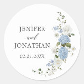 Elegant Blue Hydrangea White Roses Floral Wedding Runder Aufkleber (Vorderseite)