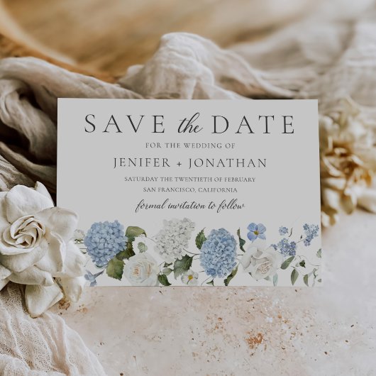 Elegant Blue Hydrangea White Roses Floral Wedding Save The Date