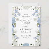 Elegant Blue Hydrangea White Roses Floral Wedding Save The Date (Vorderseite)