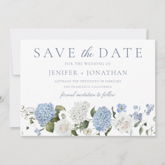 Elegant Blue Hydrangea White Roses Floral Wedding Save The Date (Vorderseite)