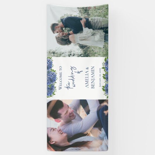 Elegant Blue Hydrangeas 2 Foto Wedding Willkommen Banner (Vertikal)