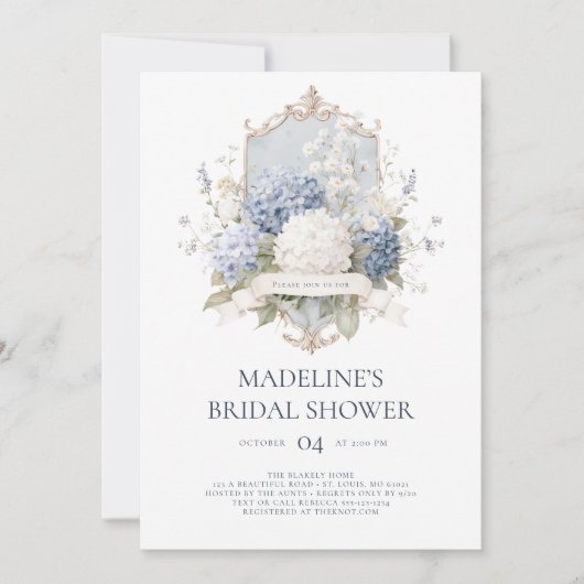 Elegant Blue Hydrangeas Bridal Dusche Einladung (Vorderseite)