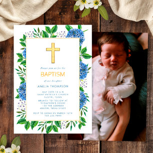 Elegant Blue Hydrangeas Foto Gold Cross Taufen Einladung
