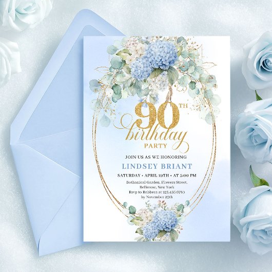 Elegant Blue Hydrangeas Gold 90th Birthday Invites Einladung