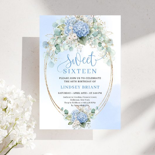 Elegant Blue Hydrangeas Gold Sweet Sixteen Invite Einladung