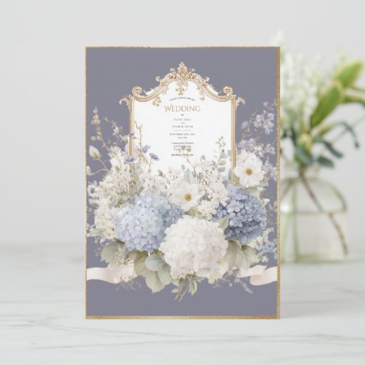 Elegant Blue Hydrangeas Purple Vintage Wedding Einladung (Stehend Vorderseite)