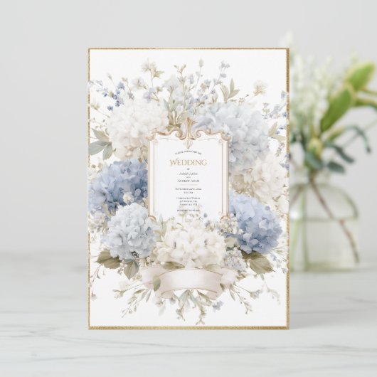 Elegant Blue Hydrangeas Vintage Budget Wedding Einladung (Stehend Vorderseite)