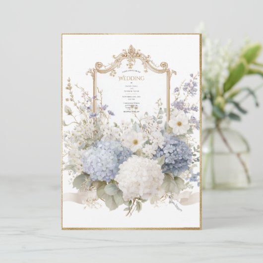 Elegant Blue Hydrangeas Vintage Wedding Einladung (Stehend Vorderseite)