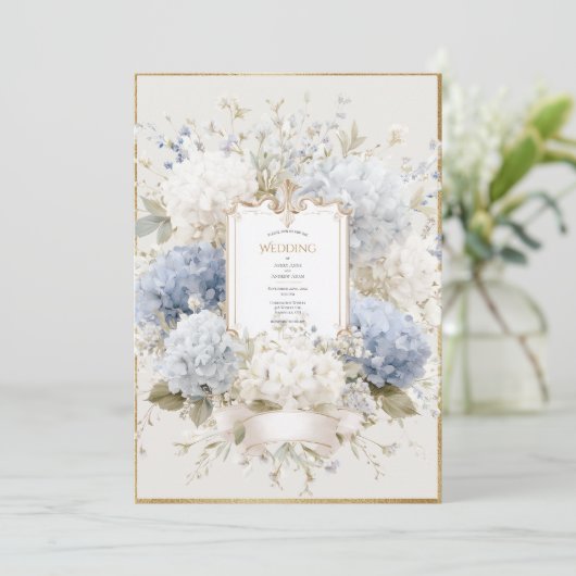 Elegant Blue Hydrangeas Vintage Wedding Einladung (Stehend Vorderseite)