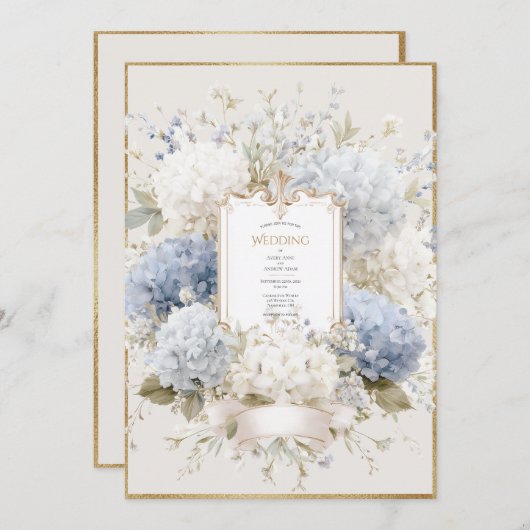 Elegant Blue Hydrangeas Vintage Wedding Einladung (Vorne/Hinten)