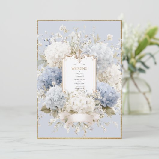 Elegant Blue Hydrangeas Vintage Wedding Einladung (Stehend Vorderseite)