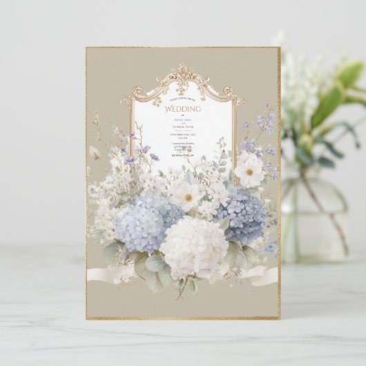 Elegant Blue Hydrangeas Vintage Wedding Einladung (Stehend Vorderseite)