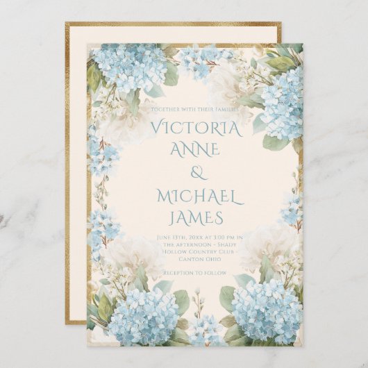 Elegant Blue Hydrangeas Wedding Einladung (Vorne/Hinten)