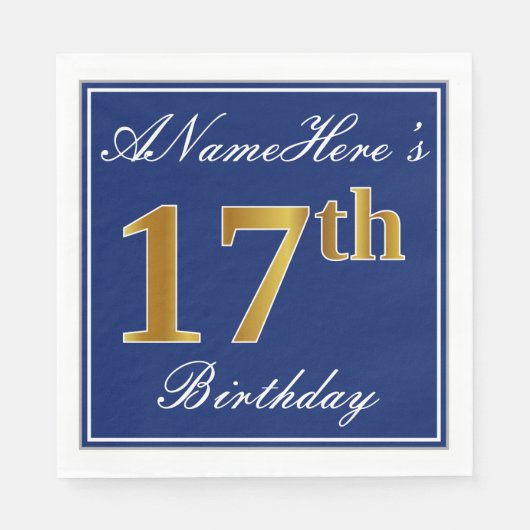 Elegant Blue, Imitate Gold 17. Geburtstag; Individ Serviette (Vorderseite)
