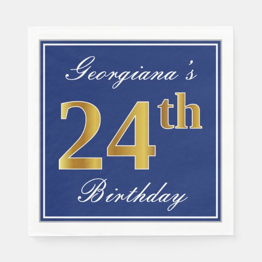 Elegant Blue, Imitate Gold 24. Geburtstag; Individ Serviette (Vorderseite)