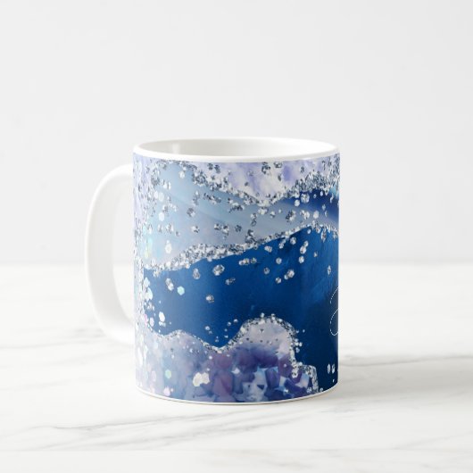 Elegant Blue Imitats Holo Glitzer Agate Kaffeetasse (Vorderseite Links)
