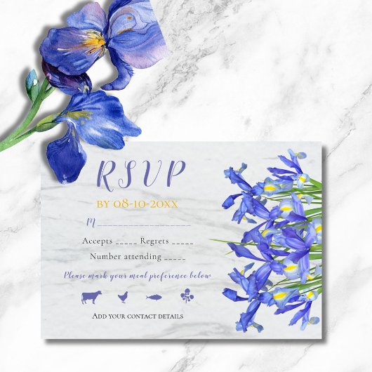 Elegant Blue Irish Bloral on Gray Marble Wedding RSVP Karte