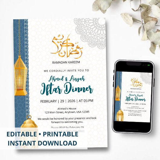 Elegant Blue Islamic Ramadan Iftar Invitation Einladung