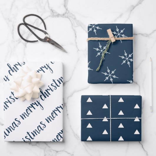 Elegant Blue Ivory Frohe Weihnachten Geschenkpapier Set (Vorderseite)