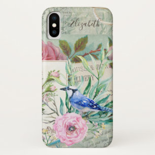 Elegant Blue Jay Bird Vintag Rosa Blüte und Name Case-Mate iPhone Hülle