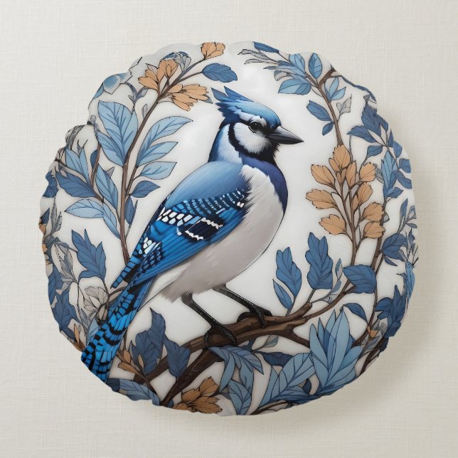 Elegant Blue Jay William Morris Inspiriert Rundes Kissen (Vorderseite)