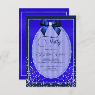 Elegant Blue Jewel Bow & Confetti Geburtstag Einladung