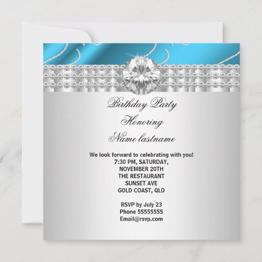 Elegant Blue Jewel Diamonds Silver Birthday Party Einladung (Rückseite)