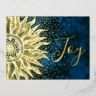 Elegant Blue Joy Boho Sun Mandala Christmas Gold Folien Feiertagspostkarte
