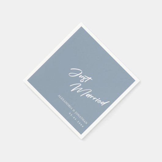 Elegant Blue Just Married Custom Wedding Napkins Serviette (Ecke)