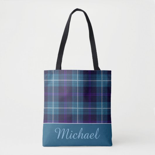 Elegant Blue Kariert Tartan Personalisiert Name Sc Tasche (Vorderseite)