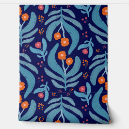 Elegant Blue Leaf Orange Red Floral Pflanze Patter Tapete