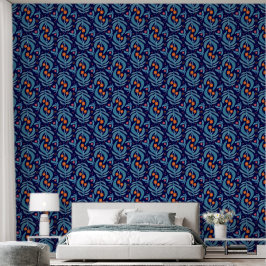 Elegant Blue Leaf Orange Red Floral Pflanze Patter Tapete