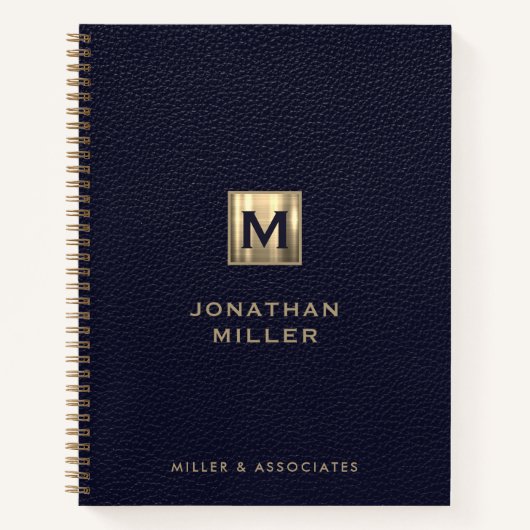 Elegant Blue Leather Gold Initial Notizblock (Vorderseite)