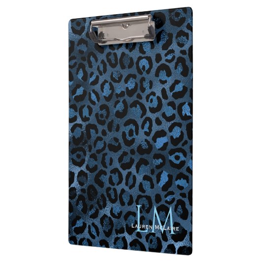 Elegant Blue Leopard Personalized Clipboard Klemmbrett (Links)
